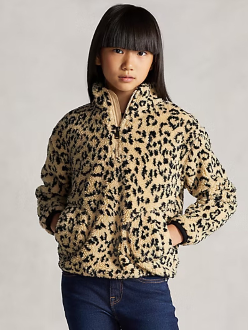 POLO RALPH LAUREN Girls High Pile Fleece Quarter Zip M 8-10 Cheetah Sherpa Cozy